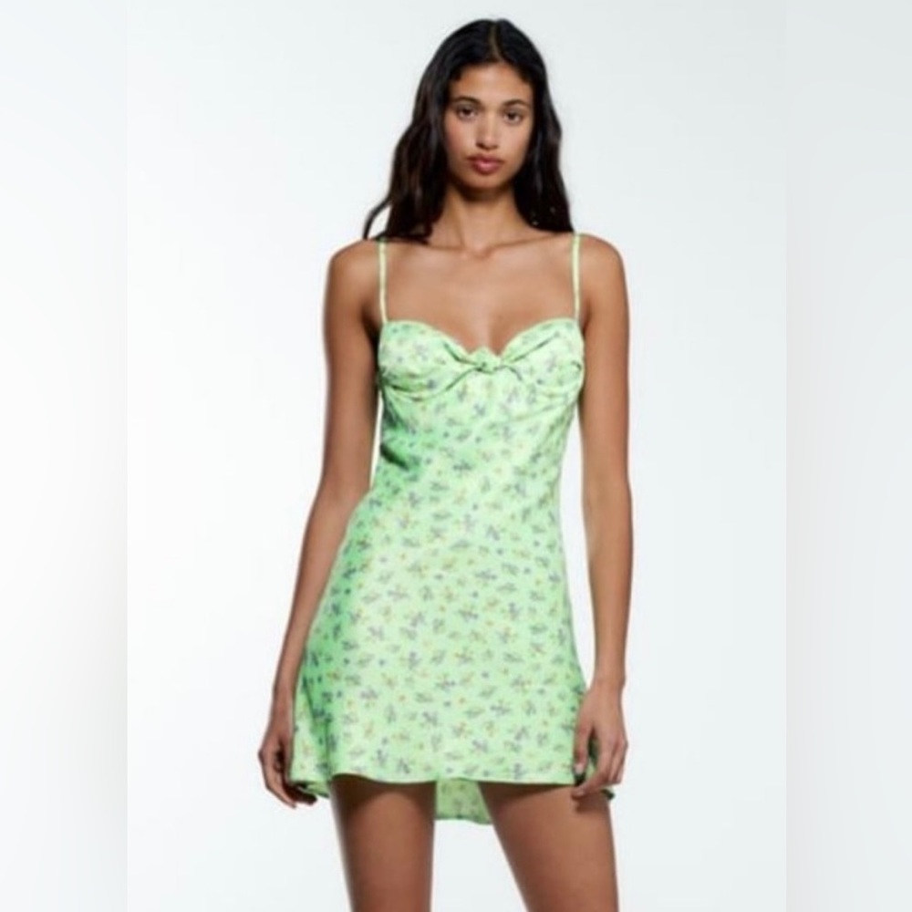 NWOT Zara Satin Effect Mint Green Floral Dress